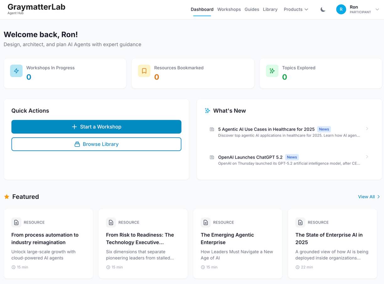 Agent Hub Dashboard showing workshops, resources, and learning paths